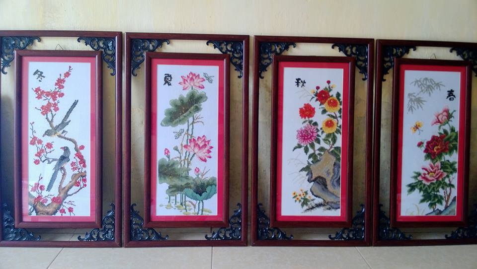 Bộ tranh kính tứ quý mẫu đơn - sen - cúc – đào  Bộ tranh kính tứ quý mẫu đơn - sen - cúc – đào