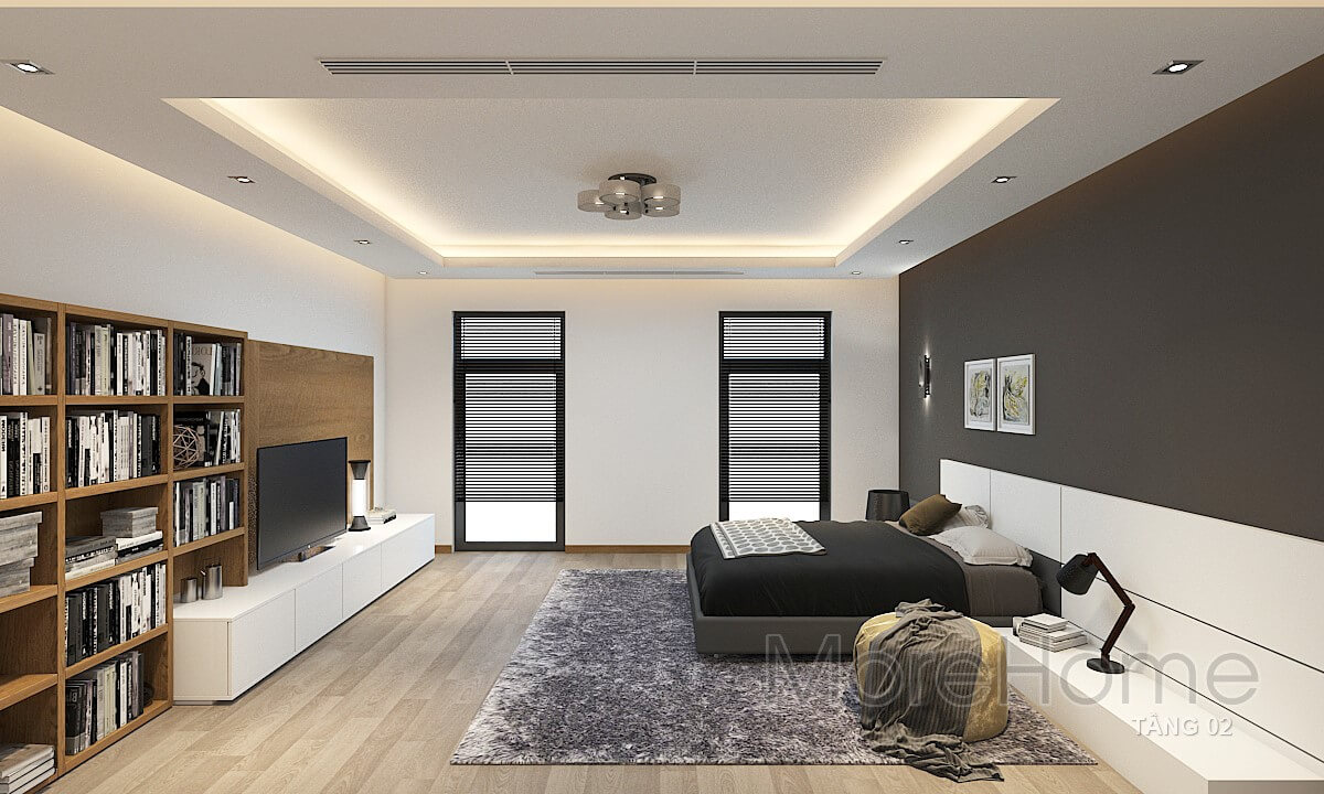 Thiết kế phòng ngủ hiện đại với tông màu đối lập sáng tối cho căn phòng