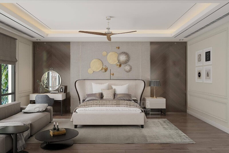 Thiết kế phòng ngủ rộng với nội thất gỗ cao cấp mang lại không gian thử giãn tuyệt vời cho gia chủ