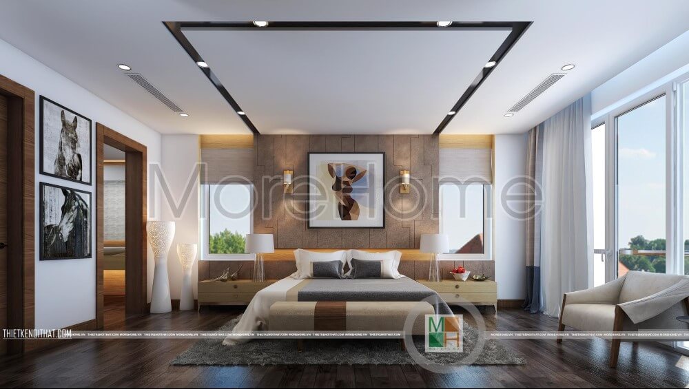 Phòng ngủ master với thiết kế hiện đại, lựa chọn nội thất gỗ cho không gian sáng và sang trọng hơn