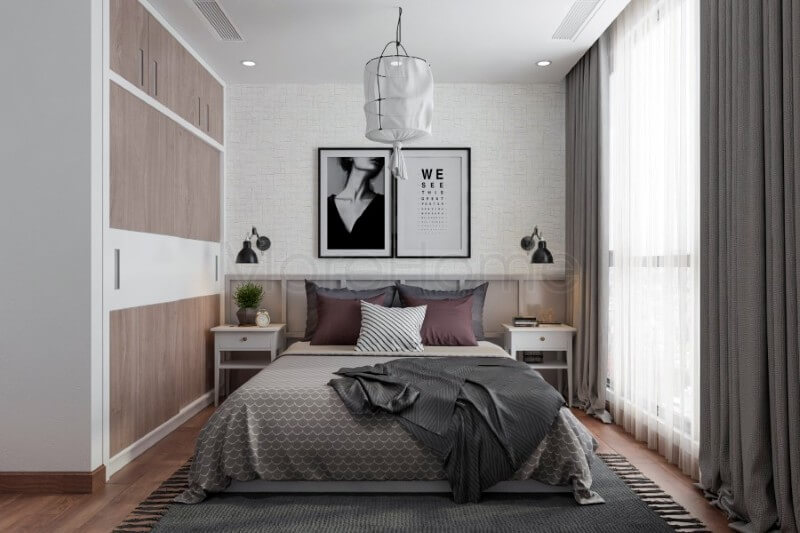 Nội thất phòng ngủ chung cư được sắp xếp hợp lí kết hợp màu sắc tinh tế, hài hòa tạo cho không gian thêm phần thoải mái và thư giãn nhất