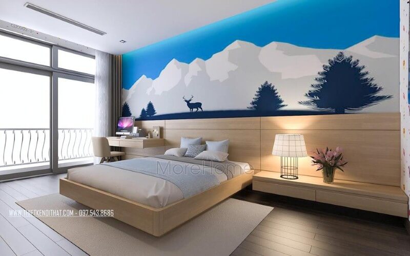 Sắp xếp nội thất phòng ngủ trẻ có ban công cùng cửa sổ lớn giúp không gian trở nên thông thoáng, đẹp, độc đáo.