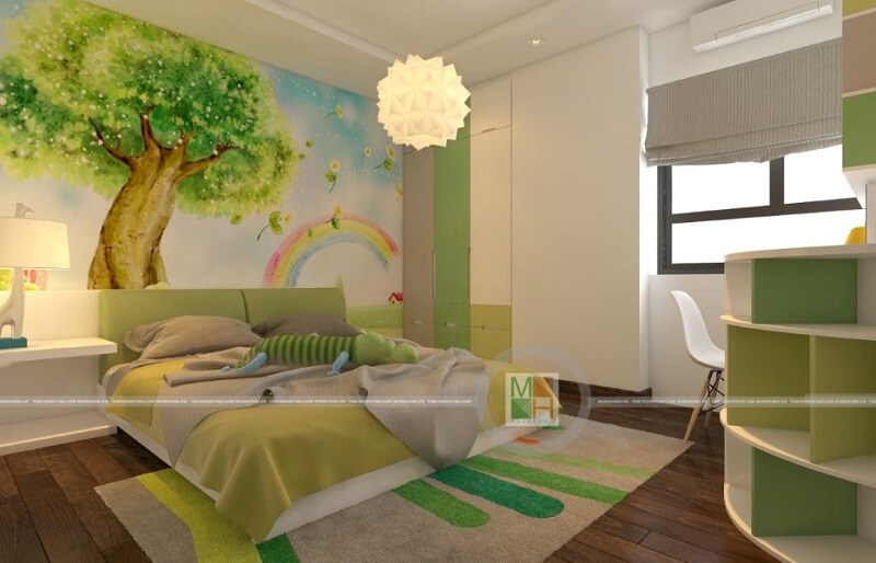 Mẫu thiết kế phòng ngủ bé trai độc đáo với tông màu xanh trắng sang tạo, kết hợp đồ nội thất nhỏ gọn mang đến một căn phòng ngủ đáng yêu cho bé
