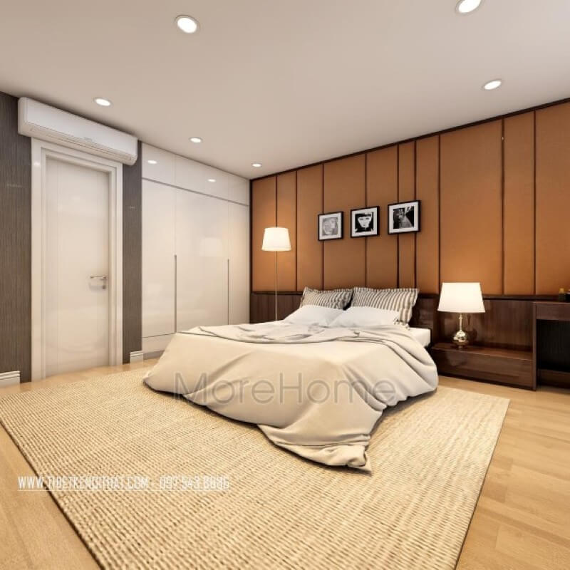Không gian nội thất phòng ngủ chung cư khá đơn giản, không nhấn mạnh vào các chi tiết trạm khắc trên giường hay kệ tủ mang đến sự thoải mái và ấm áp, tránh cảm giác rối và phức tạp