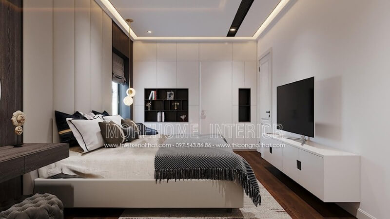 Sắp xếp nội thất phòng ngủ hiện đại nổi bật với điểm nhấn trắng sang trọng.