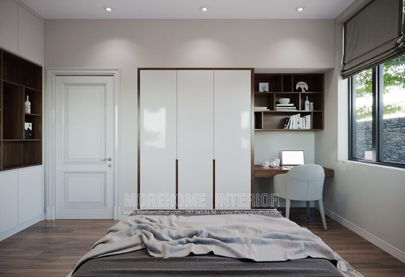 Trang trí nội thất phòng ngủ sơn trắng kết hợp điểm nhấn gỗ tạo nét độc đáo sang trọng.