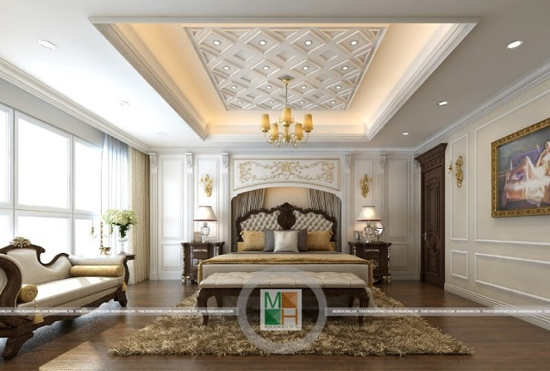 Mẫu thiết kế nội thất phòng ngủ tân cổ điển kết hợp đồ nội thất gỗ tự nhiên màu trầm mang đến cảm giác như một căn phòng ngủ hoàng gia đầy đẳng cấp