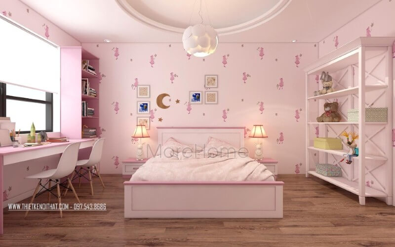 Thiết kế phòng ngủ bé gái hiện đại, nội thất gỗ công nghiệp nhẹ nhàng được bố trí hợp lí giúp bé có một không gian nghỉ ngơi và học bài tập trung, thoải mái nhất