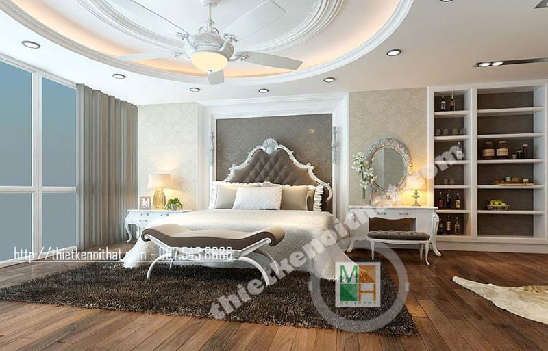 Thiết kế phòng ngủ với nội thất gỗ tông màu trắng hiện đại tạo cảm giác rộng thoáng, sang trọng