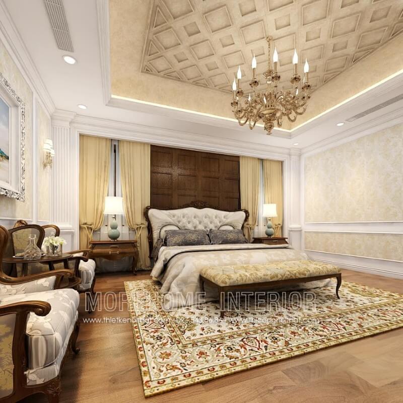 Tạo điểm nhấn không gian phòng ngủ biệt thự bằng giường gỗ óc chó kiểu dáng tân cổ điển sang trọng Thiết kế nội thất phòng ngủ biệt thự đẹp, sang trọng
