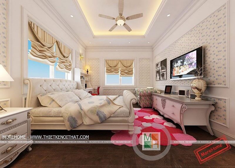 Thiết kế nội thất phòng ngủ theo phong cách tân cổ điển sang trọng kết hợp cách trang trí rèm, đèn, quạt cổ điển tạo không gian sang trọng, quý phái Thiết kế nội thất phòng ngủ biệt thự đẹp, sang trọng