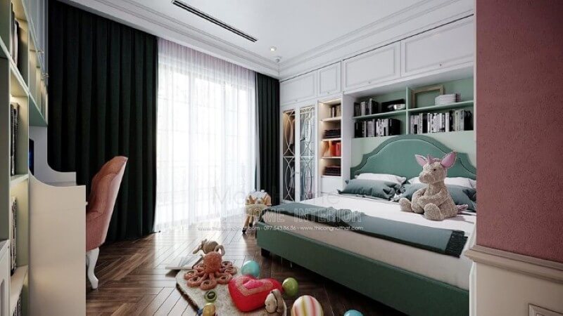 Thiết kế nội thất phòng ngủ con gái ấn tượng với bố trí giường ngủ, kệ tủ trang trí khoa học giúp không gian thông thoáng tối đa nhưng vẫn đảm bảo công năng, tính thẩm mỹ. Thiết kế chung cư