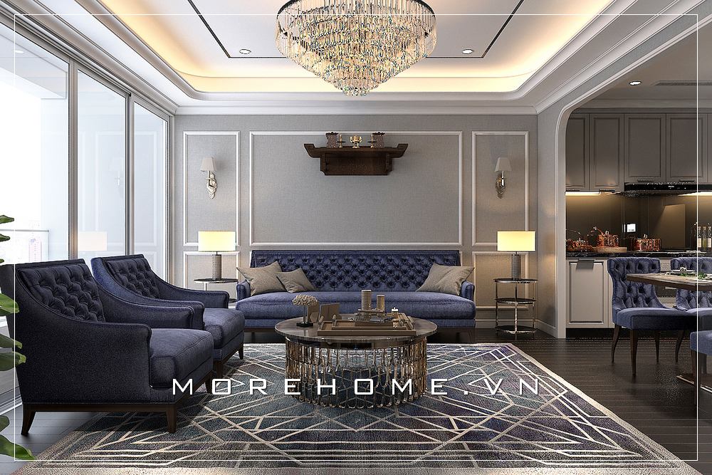 Trang trí nội thất phòng khách phong cách đương đại đẹp bởi sự kết hợp sofa sẫm màu điểm nhấn tạo nên nét độc đáo ấn tượng. Thiết kế chung cư