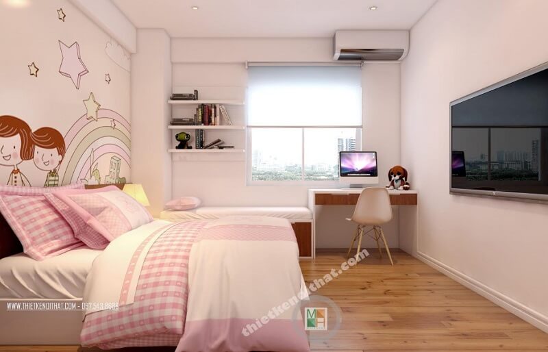 Mẫu thiết kế phòng ngủ bé gái màu hồng đẹp kết hợp tranh dán tường hình ảnh đáng yêu mang đến không gian phòng ngủ mơ ước cho các bé
