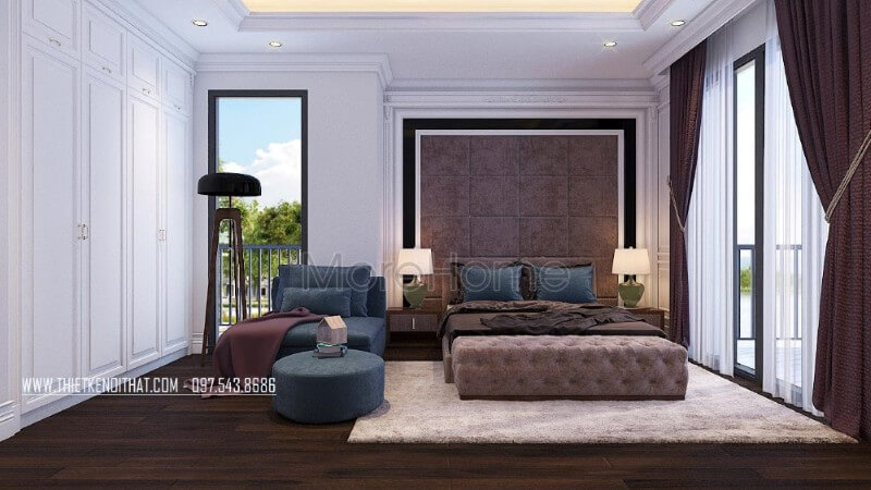 Nội thất phòng ngủ chung cư lấy màu xanh và nâu trầm làm điểm nhấn, không gian có sự cân bằng từ màu sắc đến ánh sáng vì vậy mang đến hiệu ứng cảm xúc tích cực cho gia chủ