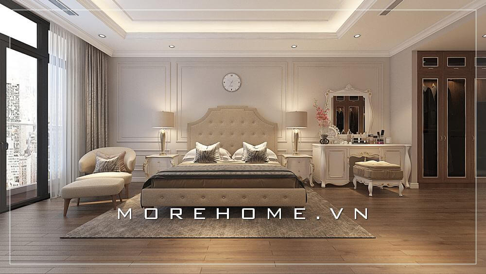 Nội thất phòng ngủ chung cư gỗ tự nhiên cao cấp được bố trí khoa học theo đúng sở thích của gia chủ