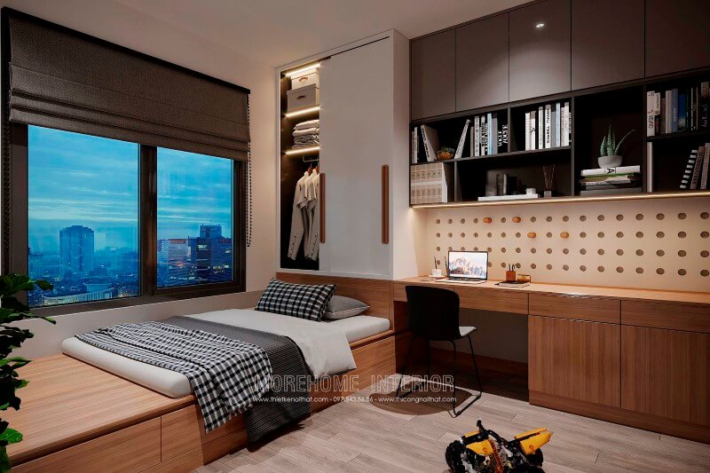 Sắp xếp phòng ngủ nhỏ hợp lí, toàn bộ nội thất không cần thiết được lược bỏ tạo nên sự rộng rãi, thông thoáng hơn cho căn phòng