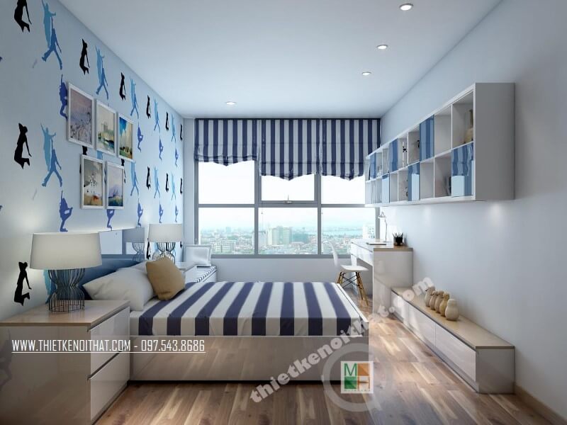 Thiết kế phòng ngủ cho bé với tông màu xanh mát nhẹ nhàng mang lại sự bình yên và dễ chịu. Thiết kế tủ kéo dài tạo ấn tượng về sự tiện lợi và trẻ trung. thiết kế phòng ngủ đẹp cho bé