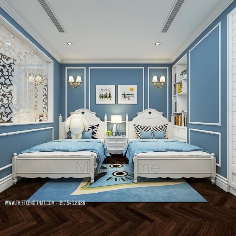 Nội thất phòng ngủ trẻ em chung cư cao cấp ấn tượng với tone màu xanh chủ đạo