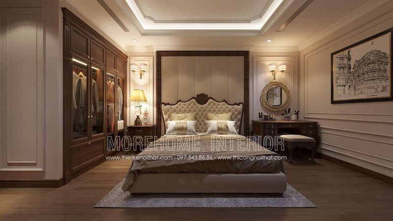 Mẫu giường ngủ gỗ óc chó kiểu dáng tân cổ điển này được trạm khắc tinh tế, đường cong đẹp mỹ miều. Thân giường và đầu giường được bọc da nhập khẩu màu kem ấn tượng