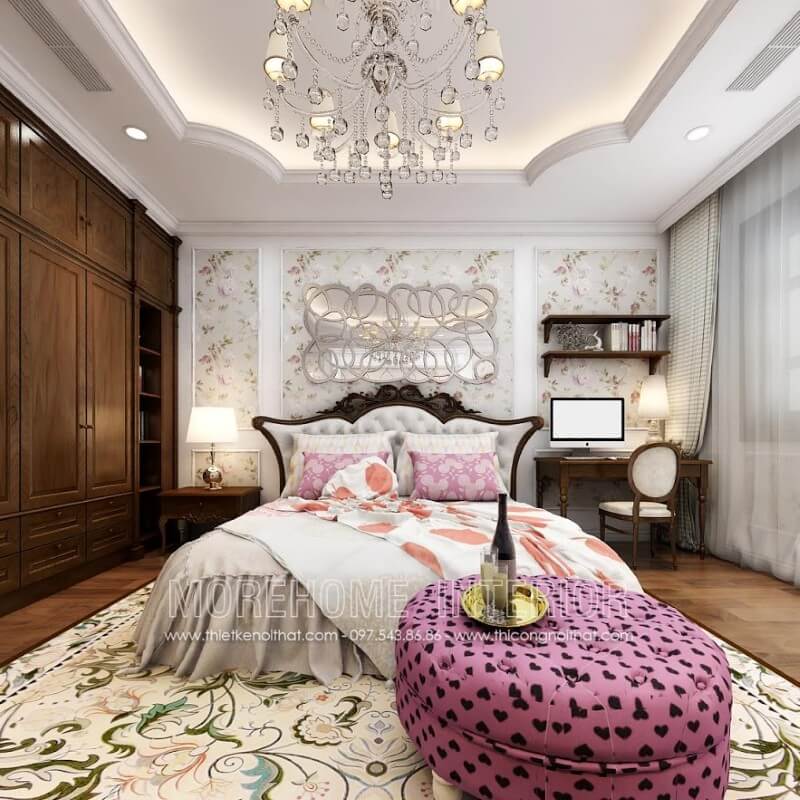 Trang trí nội thất phòng ngủ đẹp với giường gỗ óc chó kiểu dáng tân cổ điển, đầu giường bọc da