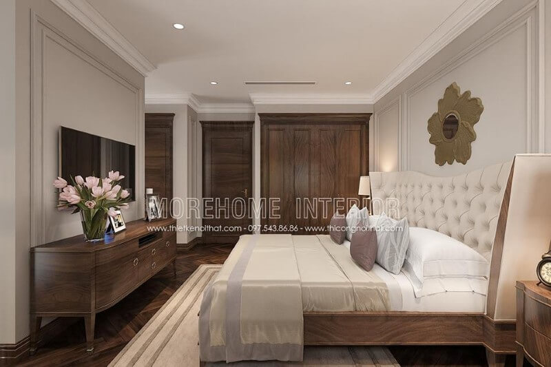 Nội thất phòng ngủ chung cư cao cấp với chất liệu gỗ óc chó chủ đạo mang lại sự sang trọng cũng như sự đẳng cấp của gia chủ