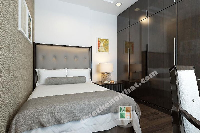 Thiết kế phòng ngủ nhỏ ấn tượng với nội thất giường ngủ tân cổ điển bọc da đầu giường sang trọng