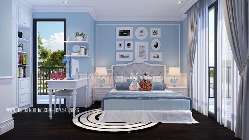 Thiết kế nội thất phòng ngủ cho bé với không gian rộng, vô cùng tiện nghi. Bố trí cửa sổ đón sáng hợp lí, nội thất màu trắng - xanh nhẹ nhàng cho bé cảm giác dễ chịu, gần gũi với thiên nhiên