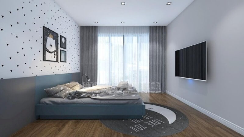 Giấy dán tường phòng bé đơn giản cùng bộ tranh hình con vật ngộ nghĩnh giúp phòng bé trở nên sinh động, đáng yêu. Thiết kế phòng ngủ tại Hà Nội