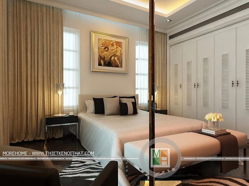 Thiết kế nội thất phòng ngủ hiện đại với tone màu trắng- nâu trầm mang lại sự hài hòa, thư giãn cho căn phòng Thiết kế phòng ngủ tại Hà Nội