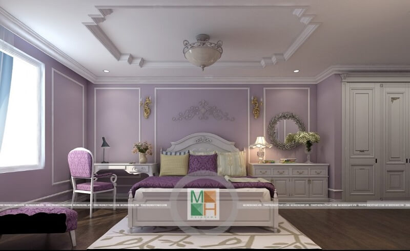 Gương trang điểm kết hợp trang trí tiện lợi trong phòng ngủ cao cấp mang phong cách tân cổ điển của nhà phố, biệt thự. Gương phòng ngủ đẹp