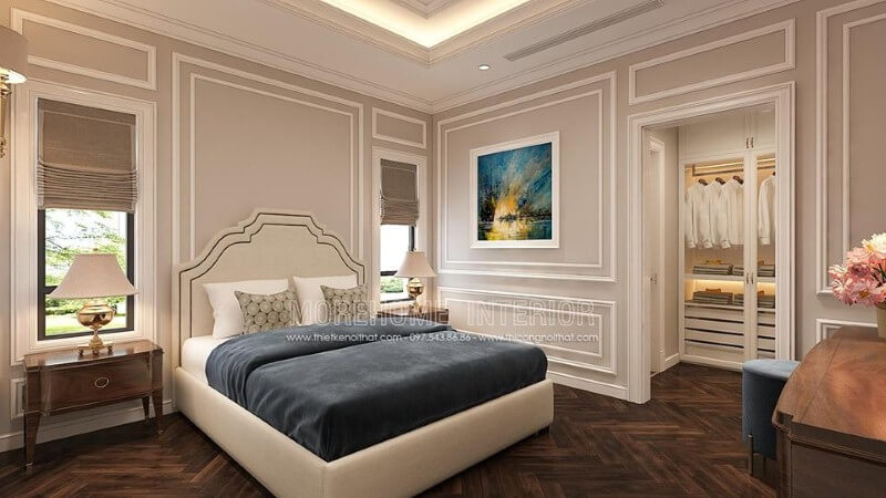 Sắp xếp nội thất phòng ngủ tân cổ điển có tủ quần áo đẹp, sang trọng. Thiết kế phòng bếp tại Hà Nội