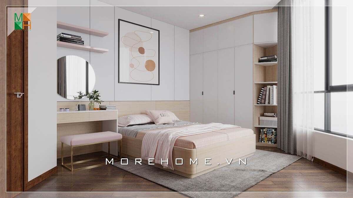 Gương tròn hiện đại nơi bàn trang điểm vừa vặn tinh tế lại tiện lợi vô cùng. Gương phòng ngủ đẹp
