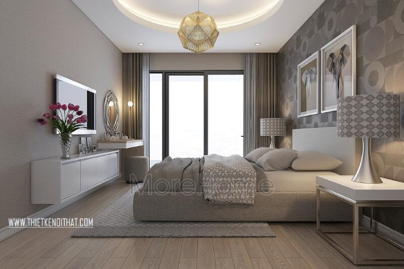 Thiết kế nội thất phòng ngủ chung cư hiện đại khoác lên mình lớp vẻ ngoài tinh tế hoàn hảo, tone màu ghi nâu trầm ấm áp mang đến cảm giác gần gũi và an toàn cho gia chủ. Thiết kế phòng ngủ tại Hà Nội