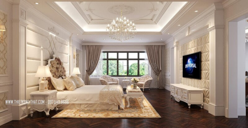 Thiết kế phòng ngủ Master cao cấp, tráng lệ. Phòng ngủ bố mẹ được thiết kế theo phong cách hoàng gia có giường ngủ tân cổ điển, đèn thả cao cấp, thảm trải sàn họa tiết cổ điển, có sofa đơn trong phòng Thiết kế phòng ngủ tại Hà Nội