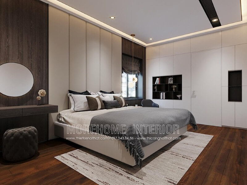 Sắp xếp nội thất phòng ngủ màu trắng hiện đại đẹp, sang trọng.