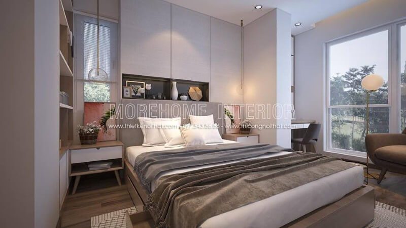 Trang trí nội thất phòng ngủ với các mẫu décor trang trí như kệ trang trí, vách ốp đầu giường, thiết kế âm tường giúp tối giản cho căn phòng Thiết kế phòng ngủ tại Hà Nội
