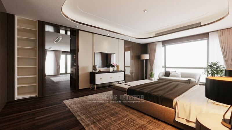 Trang trí phòng ngủ biệt thự đẹp với giường bọc vải, kệ trang trí, kệ decor, thảm trải sản, sàn gỗ.... Thiết kế phòng ngủ tại Hà Nội