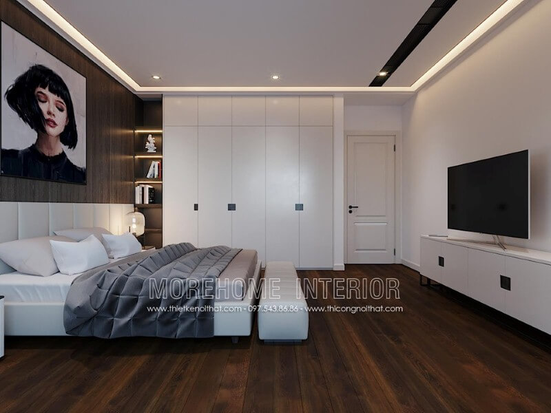 Bố trí nội thất phòng ngủ ấn tượng với tủ quần áo gỗ công nghiệp kết hợp kệ trang trí sát giường ngủ. Thiết kế phòng ngủ tại Hà Nội