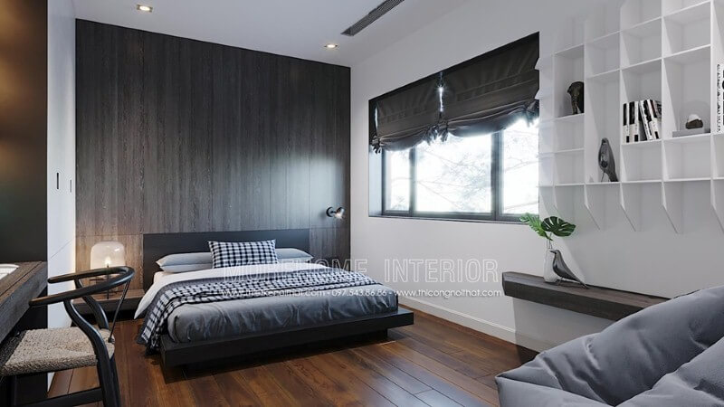 Khối gỗ ốp tường độc đáo với đường vân đẹp mắt cùng gỗ tối màu tạo nên vẻ đẹp cuốn hút trong không gian phòng ngủ hiện đại. Thiết kế phòng ngủ tại Hà Nội