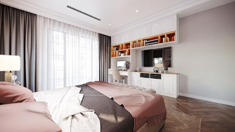 Bàn học liền kệ trang trí, kệ tivi, tủ đựng đồ tạo không gian đẹp, liền mạch, tối giản diện tích nhưng lại đảm bảo công năng hiệu quả cho phòng con. Thiết kế phòng ngủ tại Hà Nội