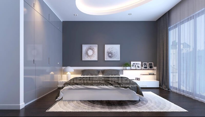 Giường ngủ hiện đại dành chô 2 người với tone màu trắng chủ đạo gợi cảm giác cơi nới và thông thoáng hơn