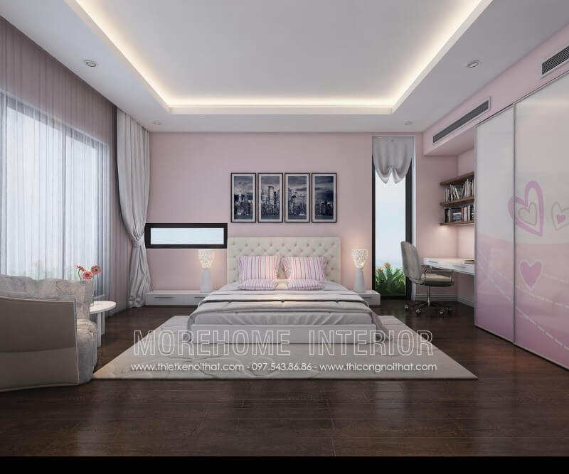 Giường ngủ gỗ hộp kiểu dáng thấp, gam màu trắng trẻ trung được bố trí chính giữa tạo sự sang trọng, thông thoáng hơn, giúp con có một không gian nghỉ ngơi và học tập thoải mái nhất