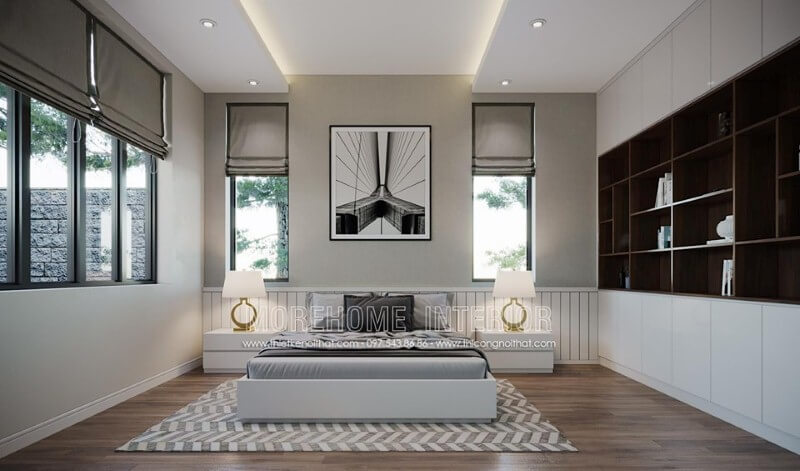 Bố trí nội thất phòng ngủ hiện đại đẹp sang trọng nổi bật với sắc trắng tinh tế. Thiết kế phòng ngủ tại Hà Nội