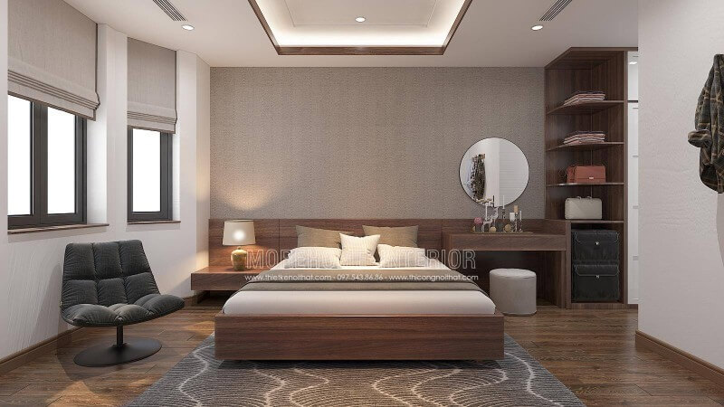 Bạn muốn không gian phòng ngủ thật gọn gàng và đơn giản, cách thiết kế nội thất phòng ngủ tối giản bổ sung thêm kệ trang trí vát góc ngang đầu giường vừa vặn diện tích lối đi giúp không gian vừa trở nên tinh gọn lại tạo nên nét đẹp độc đáo. Thiết kế phòng ngủ tại Hà Nội