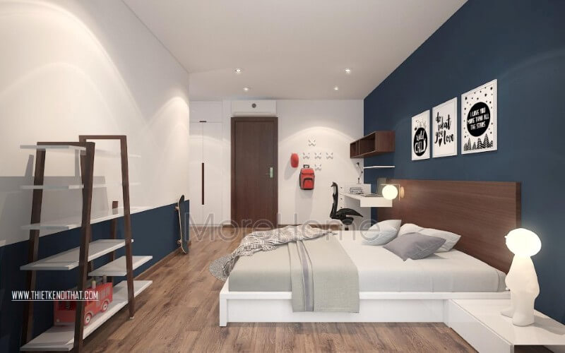 Nội thất phòng ngủ gỗ công nghiệp được thiết kế hiện đại, tối giản, mảng tường đầu giường sử dụng giấy dán tường màu xanh ấn tượng rất phù hợp với bé trai cá tính, năng động