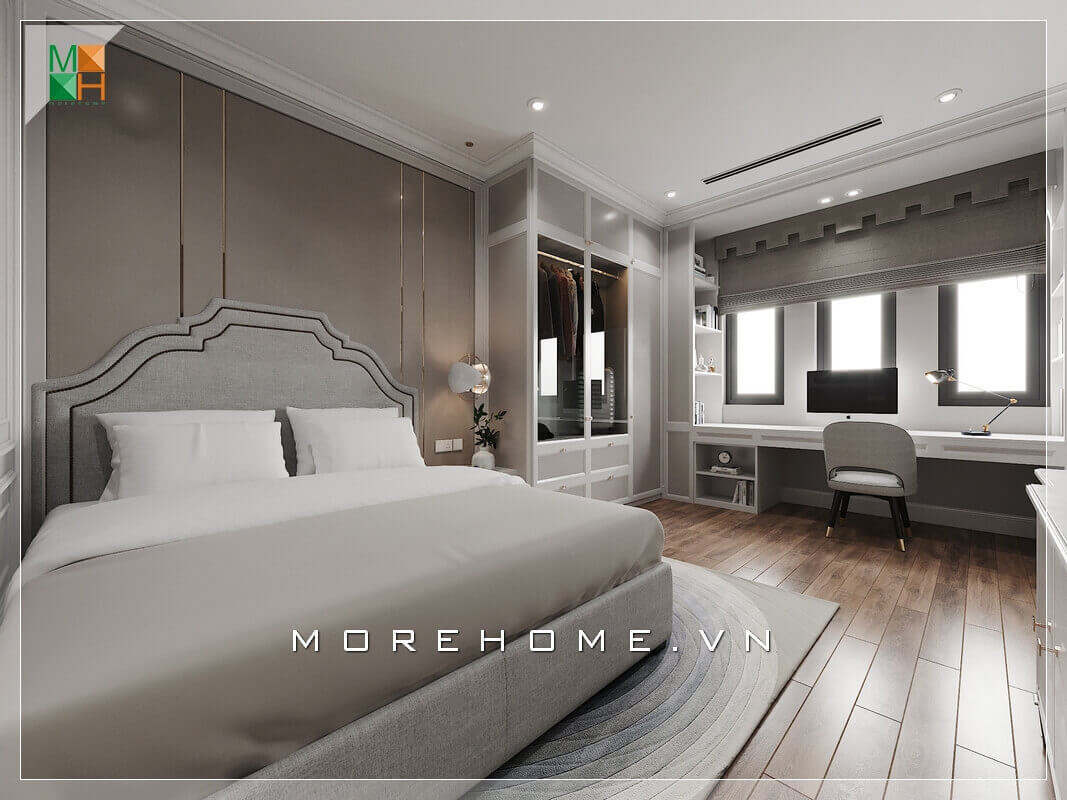 Với hai màu trắng và be là tone màu chủ đạo của căn phòng thì chiếc giường sofa hiện đại màu be là rất phù hợp, không gian căn phòng trở nên sang trọng và tiện nghi hơn rất nhiều. Thiết kế phòng ngủ tại Hà Nội