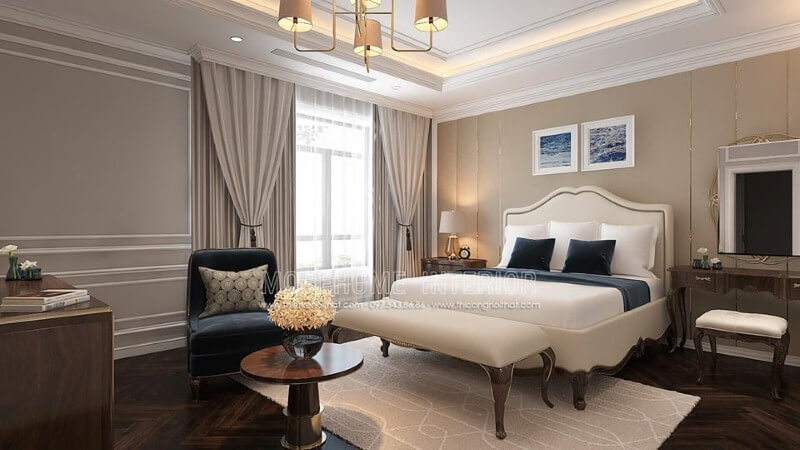 Bố trí nội thất phòng ngủ tân cổ điển đẹp, sang trọng nổi bật với sắc trắng điểm nhấn từ bộ đôn, giường bọc nệm gỗ óc chó tự nhiên. Thiết kế phòng ngủ tại Hà Nội