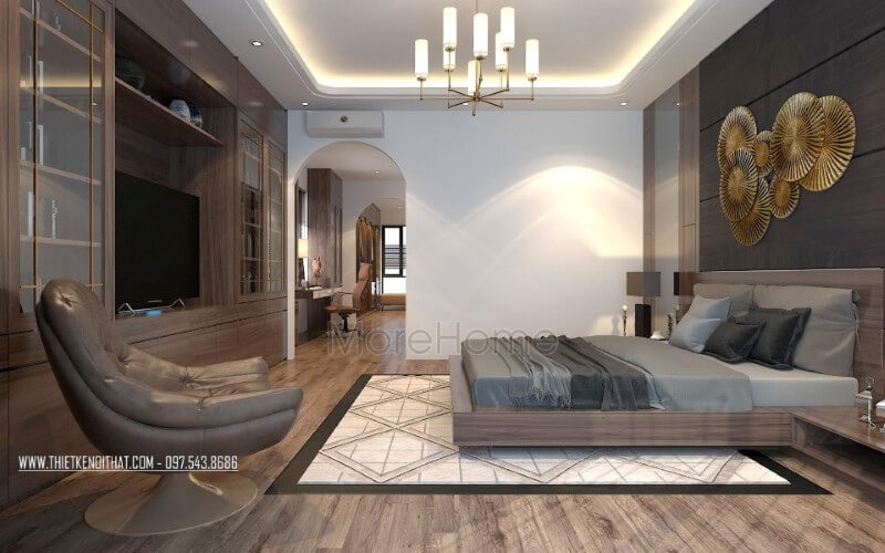 Nội thất phòng ngủ hiện đại, sự kết hợp hài hòa giữa giường ngủ đẹp với kệ tủ, đồ decor trang trí...mang lại cho chủ nhân căn phòng thêm ấn tượng và lãng mạn hơn cả Thiết kế phòng ngủ tại Hà Nội