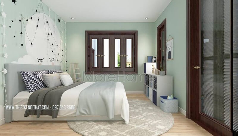 Nội thất phòng ngủ con thơ mộng và đáng yêu, giấy dán tường đẹp mắt, đèn trang trí ngôi sao cho tới kệ tủ trang trí được trang trí với nhiều màu sắc khác nhau tạo nên sự sinh động cho căn phòng